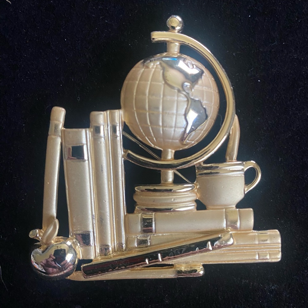 Vintage Gold tone Globe, Books, Ruler, Apple, Teacher, Student, Classroom Brooch